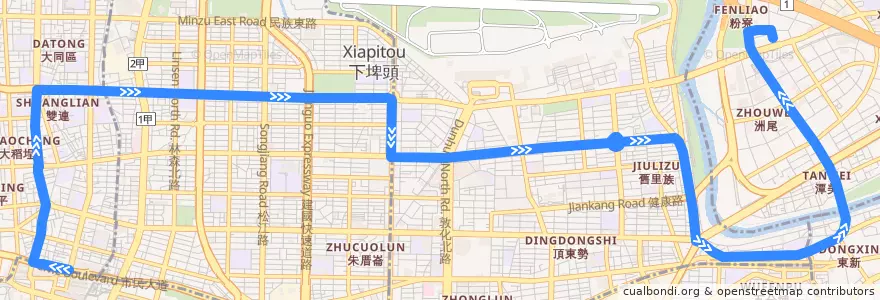 Mapa del recorrido 臺北市 63 內湖舊宗路-臺北車站 (往內湖舊宗路) de la línea  en Taipei.