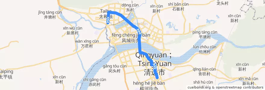 Mapa del recorrido 清远107路公交(城北客运站——市人民医院） de la línea  en Qingyuan City.