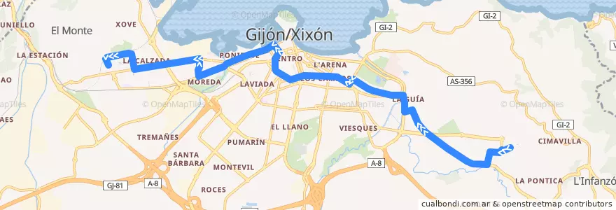 Mapa del recorrido Linea 1 - El Cerilleru - Hospital de Cabueñes de la línea  en Gijón/Xixón.