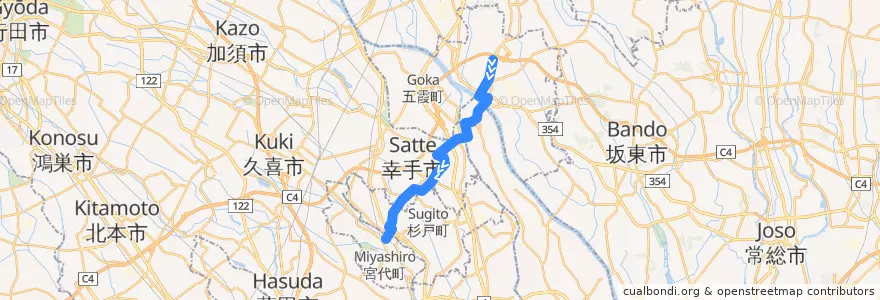 Mapa del recorrido 朝日バスTD01系統 境車庫⇒吉田橋⇒東武動物公園駅 de la línea  en 일본.