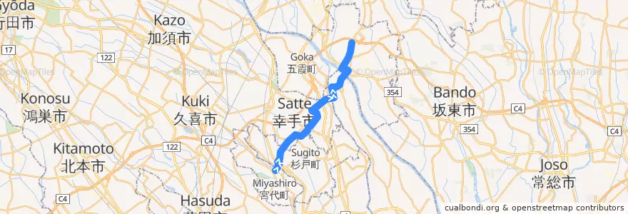 Mapa del recorrido 朝日バスTD01系統 東武動物公園駅⇒吉田橋⇒境車庫 de la línea  en Япония.