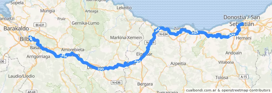 Mapa del recorrido E1 (Bilbao-Matiko → Donostia-Amara) de la línea  en Euskadi.