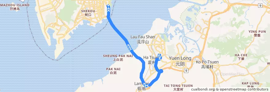 Mapa del recorrido 嶼巴B2X線 New Lantao Bus B2X (天耀 Tin Yiu → 深圳灣口岸 Shenzhen Bay Port) de la línea  en 新界.