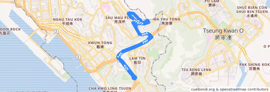 Mapa del recorrido 九巴213S線 KMB 213S (安達 On Tat ↺ 藍田站 Lam Tin Station) de la línea  en Kwun Tong District.