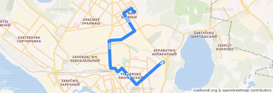 Mapa del recorrido Трамвай 16. Шарташ - Эльмаш de la línea  en エカテリンブルク管区.