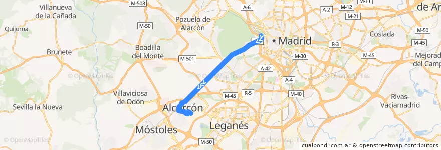 Mapa del recorrido Bus 512: Madrid - Alcorcón de la línea  en Área metropolitana de Madrid y Corredor del Henares.