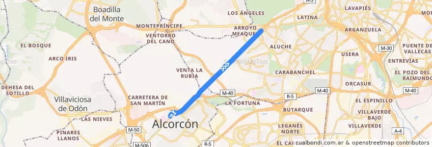 Mapa del recorrido N502: Alcorcón - Madrid de la línea  en Área metropolitana de Madrid y Corredor del Henares.