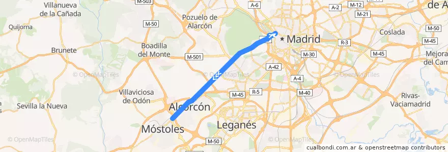 Mapa del recorrido N501: Madrid - Mostoles de la línea  en Área metropolitana de Madrid y Corredor del Henares.
