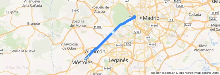 Mapa del recorrido N501: Mostoles - Madrid de la línea  en Área metropolitana de Madrid y Corredor del Henares.