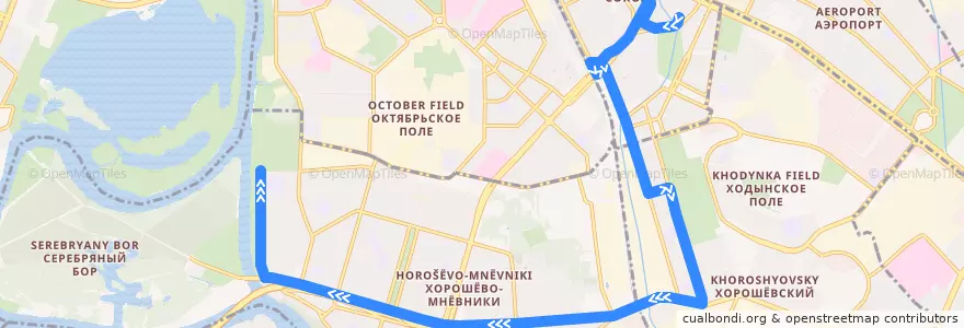 Mapa del recorrido Автобус 597: Метро «Сокол» => Набережная Новикова-Прибоя de la línea  en Москва.