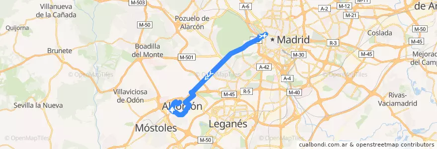 Mapa del recorrido N502: Madrid - Alcorcón de la línea  en Área metropolitana de Madrid y Corredor del Henares.