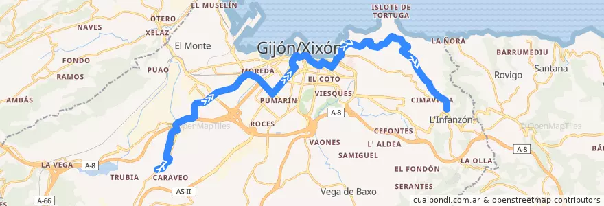 Mapa del recorrido Linea 14 - Sotiello - El Infanzon de la línea  en Gijón/Xixón.