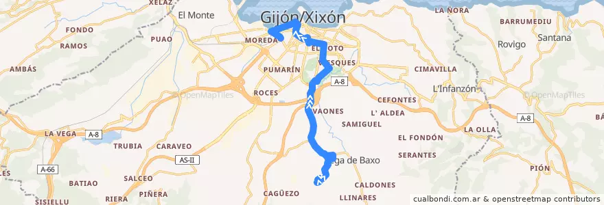Mapa del recorrido Línea 16 Estación Ferrocarril - Vega / San Martín de la línea  en Gijón/Xixón.