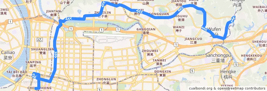 Mapa del recorrido 臺北市 內湖幹線 東湖-衡陽路 (往衡陽路) de la línea  en Taipei.