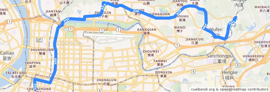 Mapa del recorrido 臺北市 內湖幹線 東湖-衡陽路 (往東湖) de la línea  en تایپه.