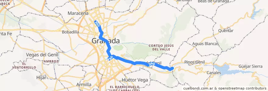Mapa del recorrido Bus 33: Estación de Autobuses → Cenes de la Vega de la línea  en Comarca de la Vega de Granada.