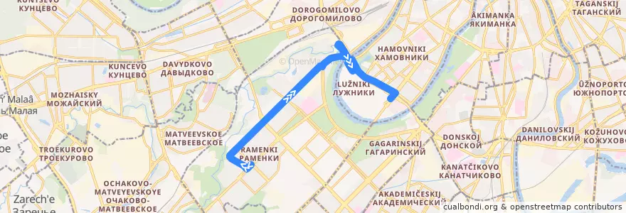 Mapa del recorrido Автобус 806: Метро "Раменки" => Стадион "Лужники" (южн.) de la línea  en Москва.