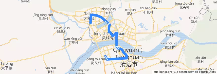 Mapa del recorrido 清远108路公交(胜利茶博城→城北客运站) de la línea  en Qingyuan City.