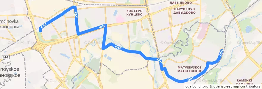 Mapa del recorrido Автобус 198: Матвеевское => 66-й квартал Кунцева de la línea  en Западный административный округ.