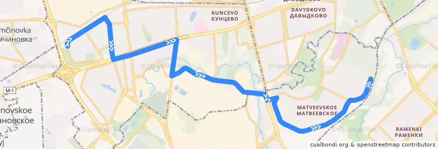 Mapa del recorrido Автобус 198: 66-й квартал Кунцева => Матвеевское de la línea  en Западный административный округ.