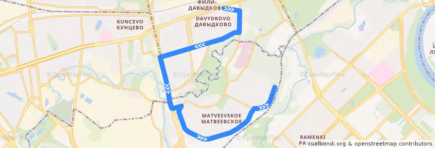 Mapa del recorrido Автобус 77: Метро "Славянский бульвар" => Матвеевское de la línea  en Western Administrative Okrug.