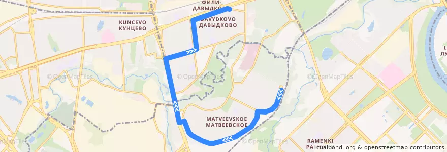 Mapa del recorrido Автобус 77: Матвеевское => Метро "Славянский бульвар" de la línea  en Западный административный округ.