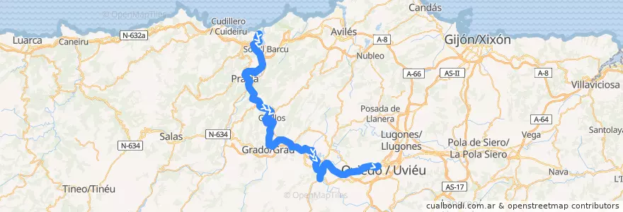 Mapa del recorrido Línea F7 San Esteban de Pravia - Oviedo de la línea  en Asturies.