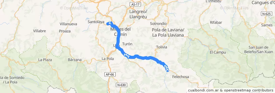Mapa del recorrido Línea F8 Aller - Caudal de la línea  en Asturië.