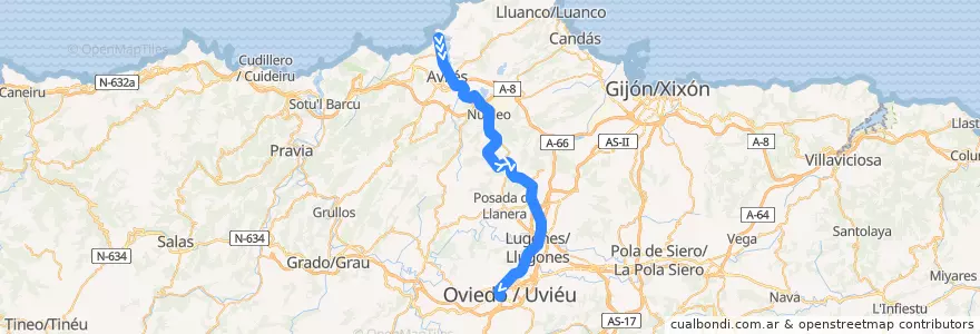 Mapa del recorrido Línea C3 - San Juan de Nieva - Oviedo de la línea  en Asturie.