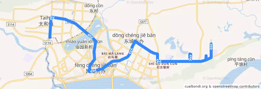 Mapa del recorrido 清远109路公交(清远工贸职业技术学校→城北客运站) de la línea  en Qingcheng District.