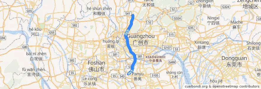 Mapa del recorrido 广州地铁2号线(广州南站——嘉禾望岗) de la línea  en Guangzhou City.