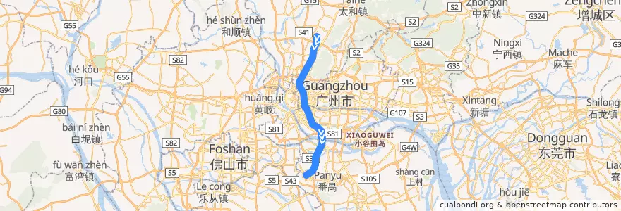 Mapa del recorrido 广州地铁2号线（嘉禾望岗——广州南站） de la línea  en Гуанчжоу.