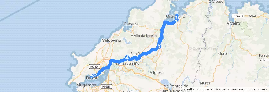 Mapa del recorrido Cercanías Ferrol - Ortigueira de la línea  en A Coruña.