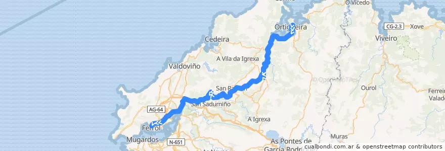 Mapa del recorrido Cercanías Ortigueira - Ferrol de la línea  en A Corunha.