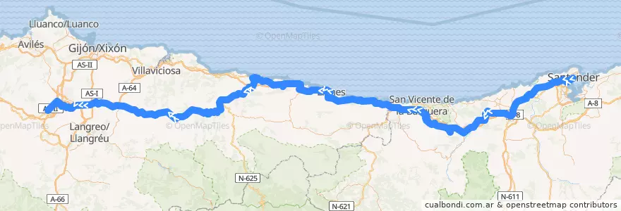 Mapa del recorrido Regional Santander - Oviedo de la línea  en İspanya.