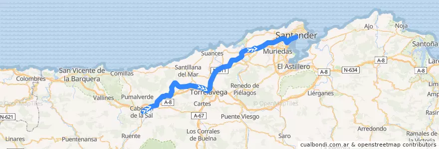 Mapa del recorrido S-1 Cabezón de la Sal - Santander de la línea  en منطقة كانتابريا.