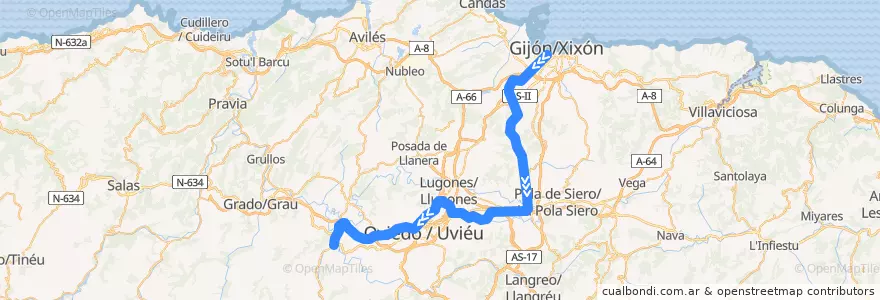 Mapa del recorrido Cercanias Gijon - Oviedo de la línea  en Astúrias.