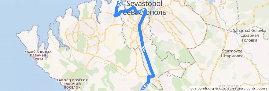 Mapa del recorrido Автобус №22: Херсонес - п. Кальфа de la línea  en Севастополь.