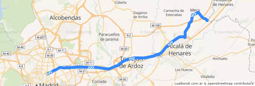 Mapa del recorrido Bus 222: Madrid (Avenida de América) → Meco de la línea  en Área metropolitana de Madrid y Corredor del Henares.
