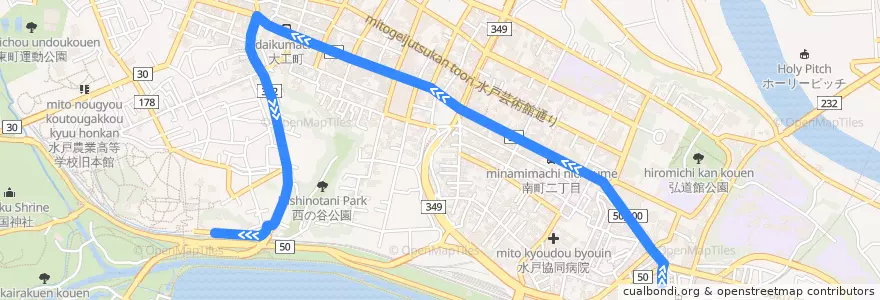 Mapa del recorrido 関東鉄道バス 水戸駅⇒偕楽園 de la línea  en Mito.