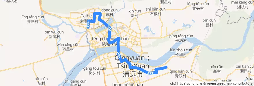 Mapa del recorrido 清远110路公交（城北客运站→洲心） de la línea  en Цинъюань.
