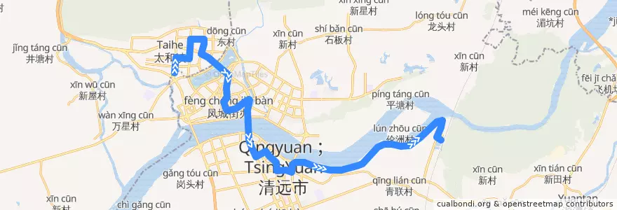 Mapa del recorrido 清远111路公交（城北客运站→武广高铁站） de la línea  en 清城区 (Qingcheng).