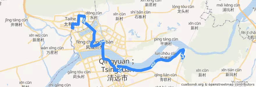 Mapa del recorrido 清远111路公交（武广高铁站→城北客运站） de la línea  en 清城区 (Qingcheng).