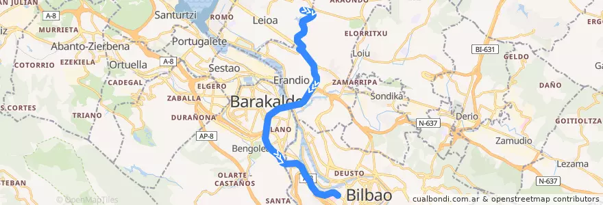 Mapa del recorrido A2318 UPV/EHU → Termibus de la línea  en Grand-Bilbao.