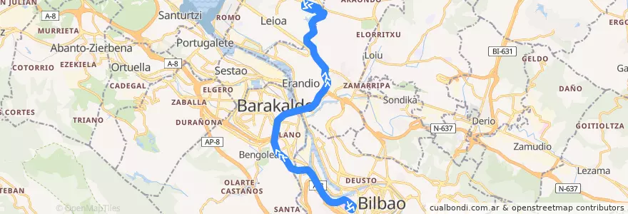 Mapa del recorrido A2318 Termibus → UPV/EHU de la línea  en Greater Bilbao.