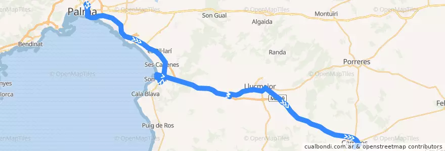 Mapa del recorrido Bus 500: Palma → s'Arenal → Llucmajor → Campos de la línea  en Isole Baleari.