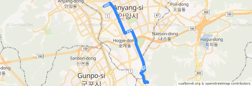 Mapa del recorrido 의왕 버스 03 → 모락산현대아파트 de la línea  en 동안구.