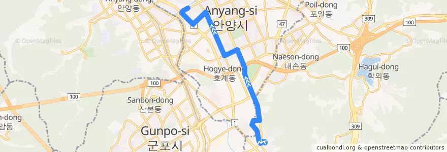 Mapa del recorrido 의왕 버스 03 → 관악타운 de la línea  en 동안구.