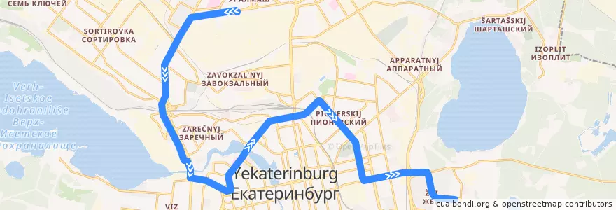 Mapa del recorrido Трамвай 23. Машиностроителей - 40 лет ВЛКСМ de la línea  en エカテリンブルク管区.
