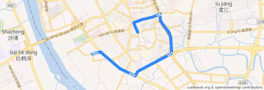 Mapa del recorrido 469路(纸厂总站-地铁江泰路站总站) de la línea  en Haizhu District.